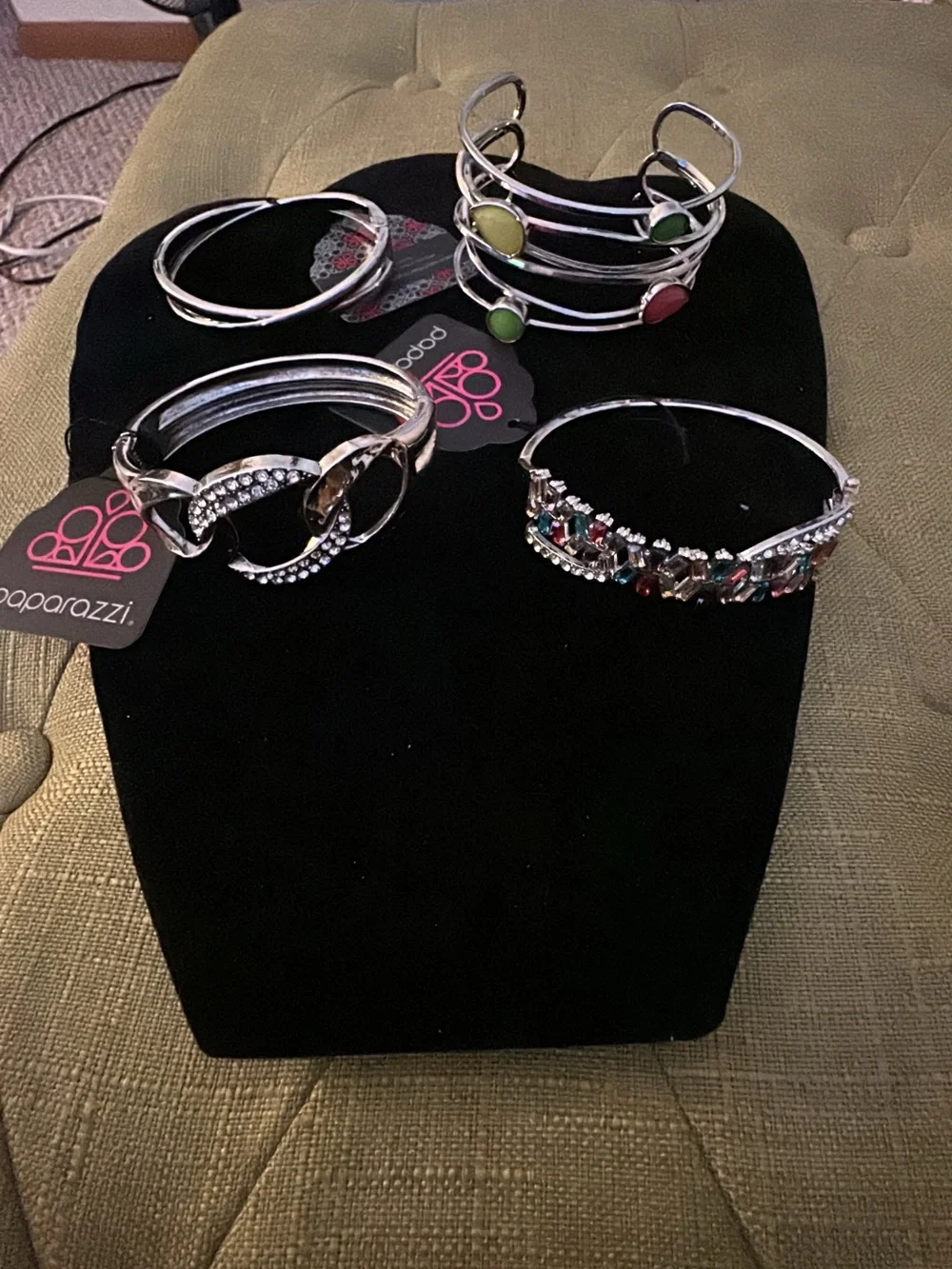 4 paparazzi Silver Cuff Bracelet Sets with Green and Red Accents